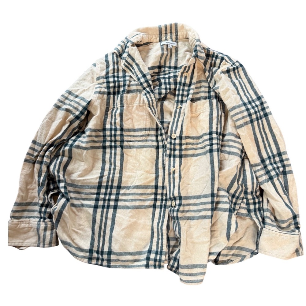 Madewell Womens Plaid Flannel Button Down Shirt‎ Cream Navy Blue Size M
